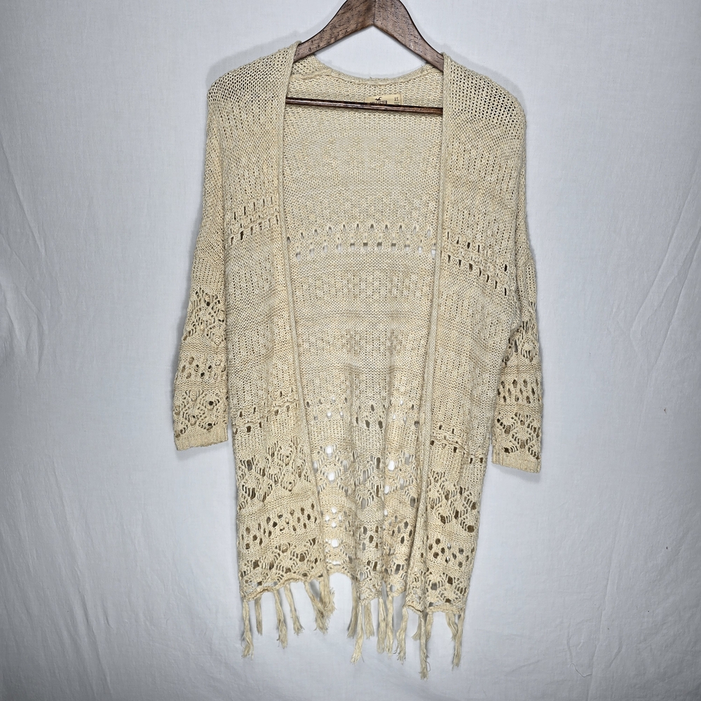Hollister Women’s XS Beige Crochet Cardigan Long Open Knit